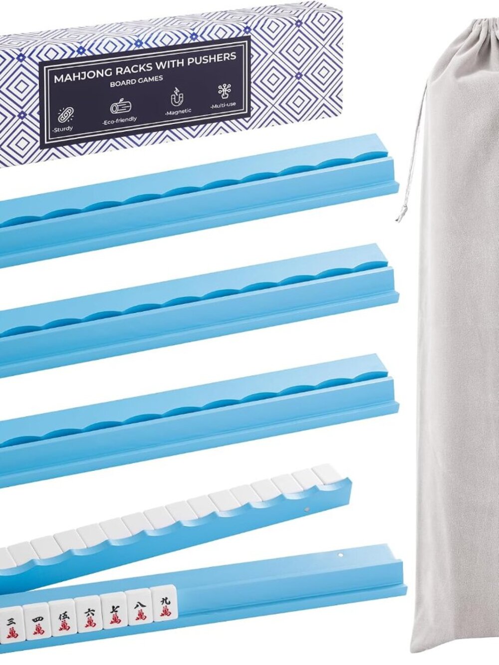 Blue Wooden Scalloped Mahjong Racks with Magnetic Pushers, Set of 4, Pinewood